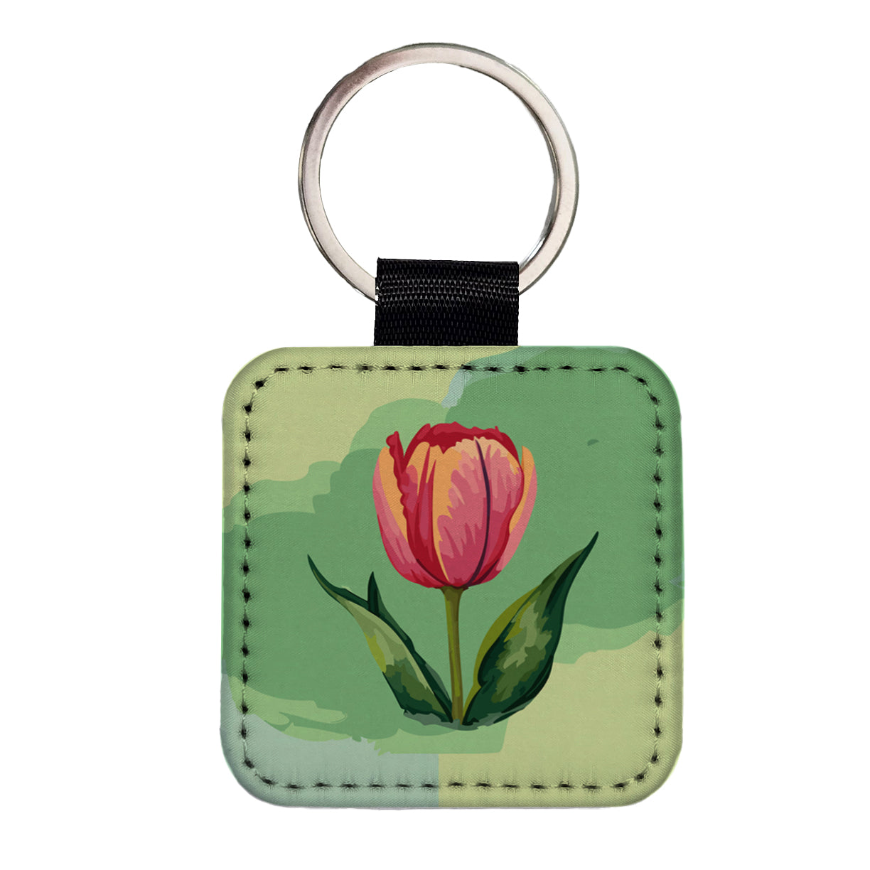 Tulip Flower Watercolor Square Faux Leather Keychain
