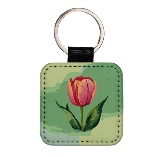 Tulip Flower Watercolor Square Faux Leather Keychain