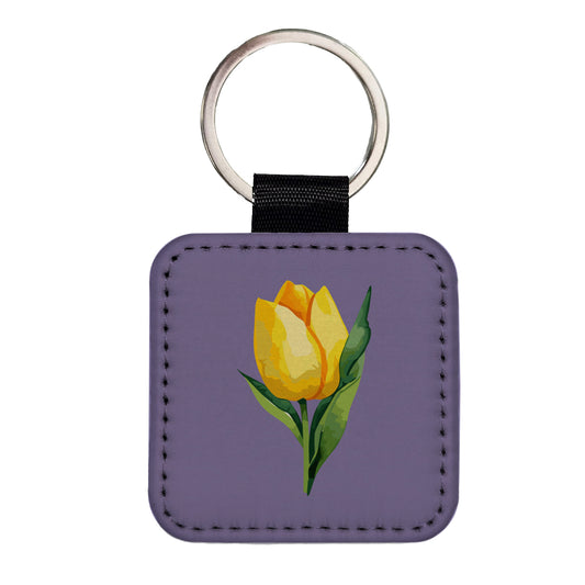 Tulip Flower Yellow Watercolor Square Faux Leather Keychain