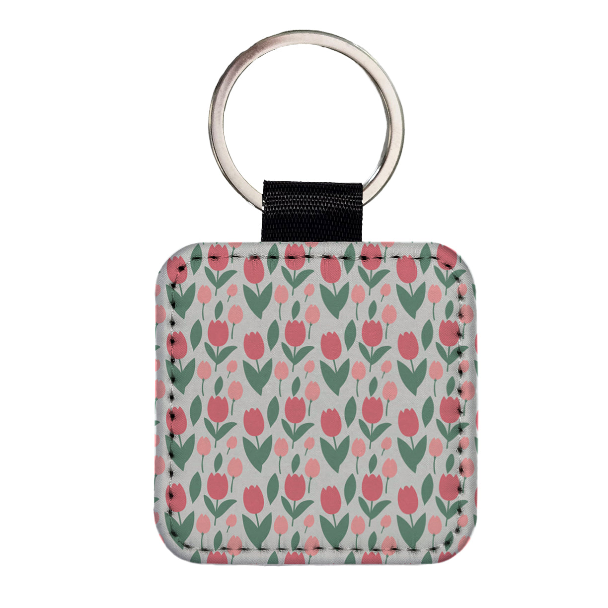 Tulips Pink Flowers Muted Pattern Square Faux Leather Keychain