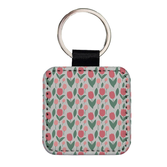 Tulips Pink Flowers Muted Pattern Square Faux Leather Keychain