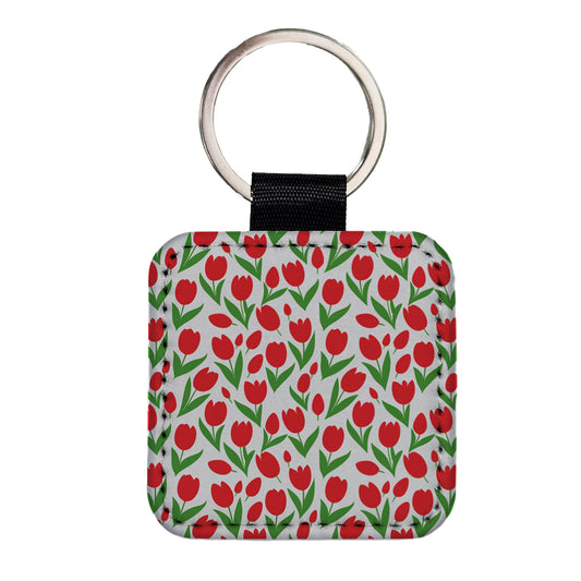Tulips Red Flowers Pattern Square Faux Leather Keychain