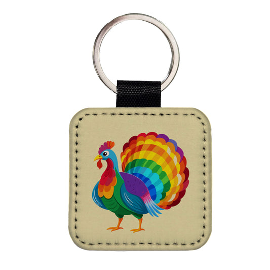 Turkey Rainbow Colored Thanksgiving Square Faux Leather Keychain