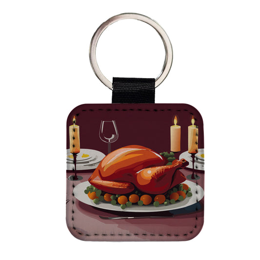 Turkey Thanksgiving Square Faux Leather Keychain