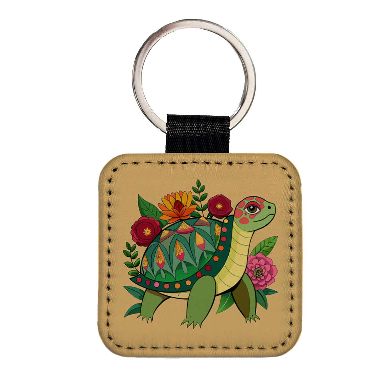 Turtle Floral Flowers Square Faux Leather Keychain