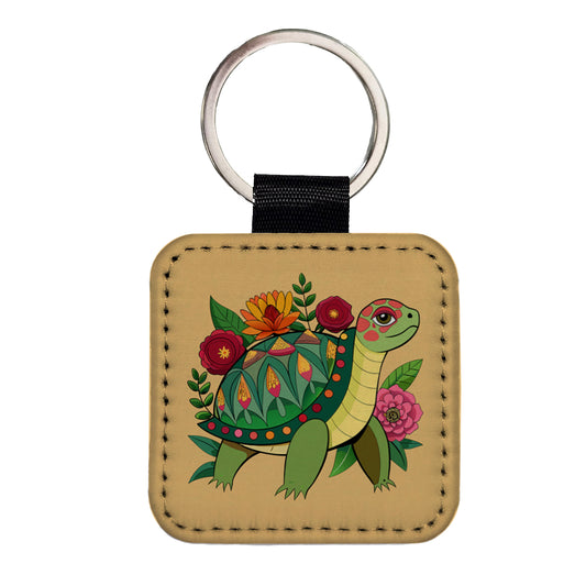 Turtle Floral Flowers Square Faux Leather Keychain