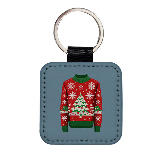 Ugly Christmas Sweater Tree Square Faux Leather Keychain