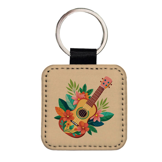 Ukulele Music Tropical Floral Motif Square Faux Leather Keychain