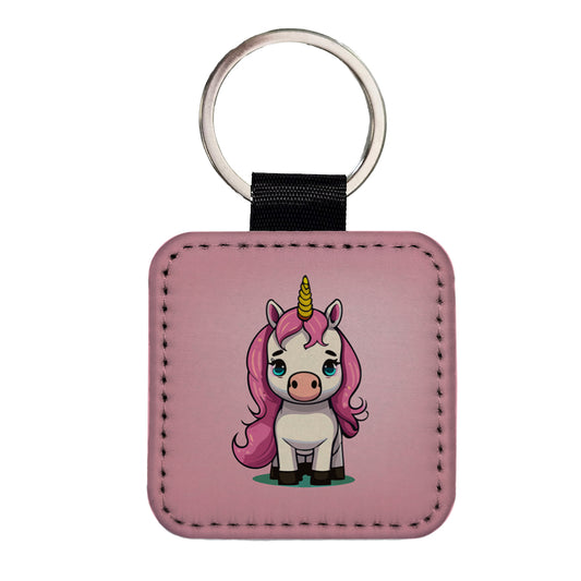 Unicorn Chibi Pink Hair Square Faux Leather Keychain