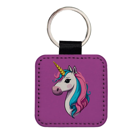 Unicorn Head Beautiful Square Faux Leather Keychain