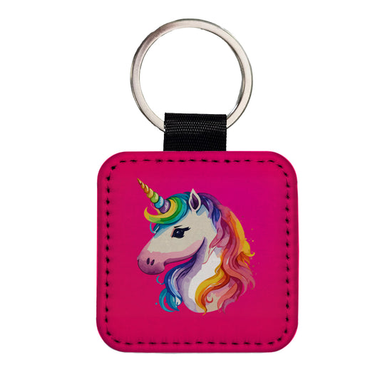 Unicorn Rainbow Hair Horn Square Faux Leather Keychain