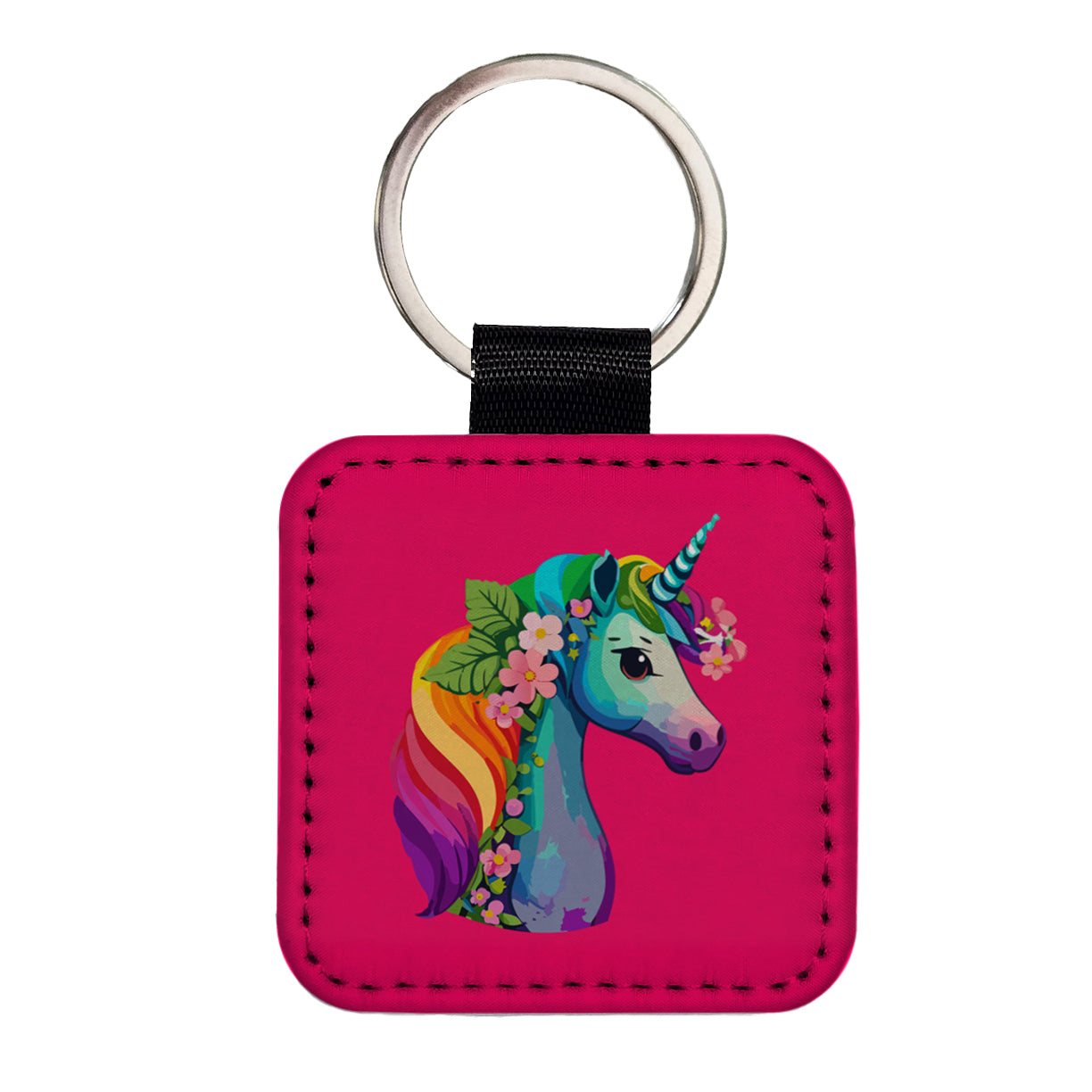 Unicorn Rainbow Head Flowers Square Faux Leather Keychain