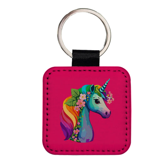 Unicorn Rainbow Head Flowers Square Faux Leather Keychain