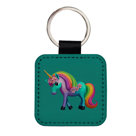 Unicorn Rainbow Standing Flowers Square Faux Leather Keychain
