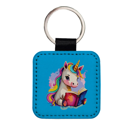 Unicorn Reading Book Reader Square Faux Leather Keychain