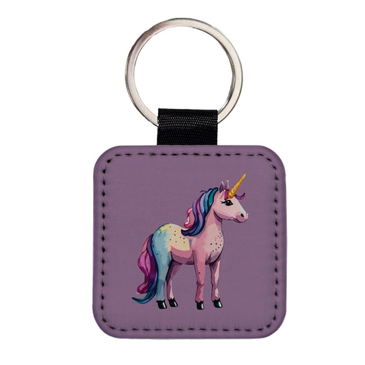 Unicorn Standing Colorful Square Faux Leather Keychain