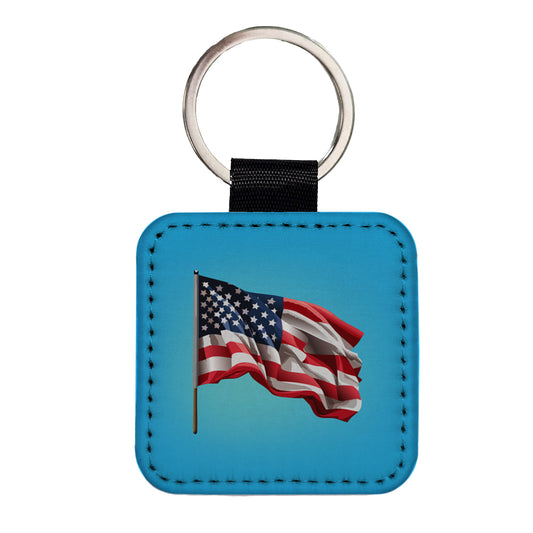 USA Flag American Waving Square Faux Leather Keychain