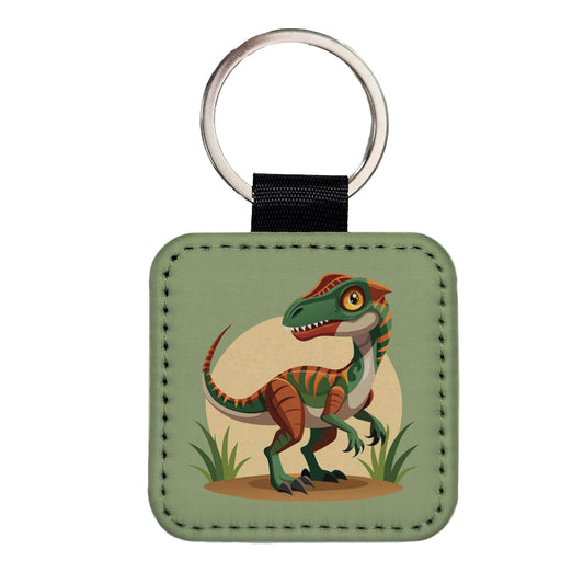 Velociraptor Dinosaur Square Faux Leather Keychain