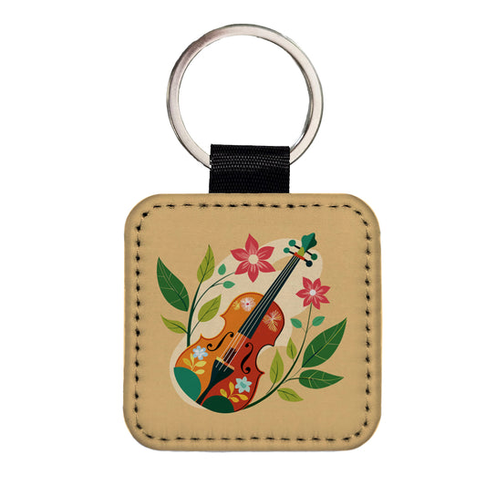 Violin Music Floral Motif Square Faux Leather Keychain