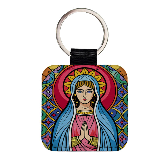 Virgin Mary Stained Glass Christian Religious Catholic Square Faux Leather Keychain