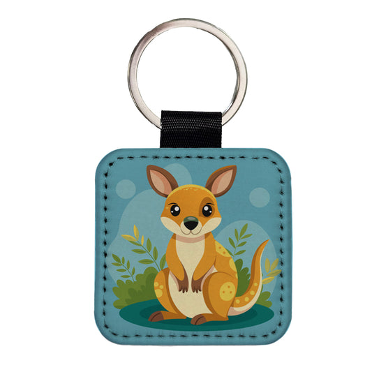 Wallaby Small Kangaroo Cute Australian Animal Square Faux Leather Keychain