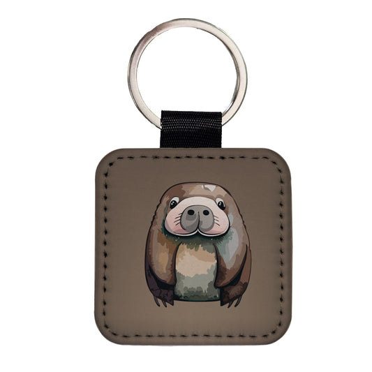 Walrus Cute Watercolor Square Faux Leather Keychain
