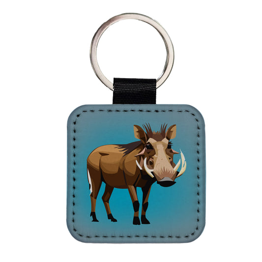 Warthog Pig Standing Square Faux Leather Keychain