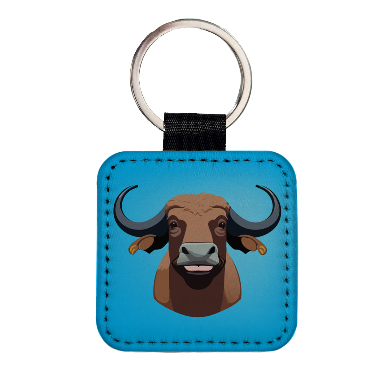 Water Buffalo Smiling Square Faux Leather Keychain