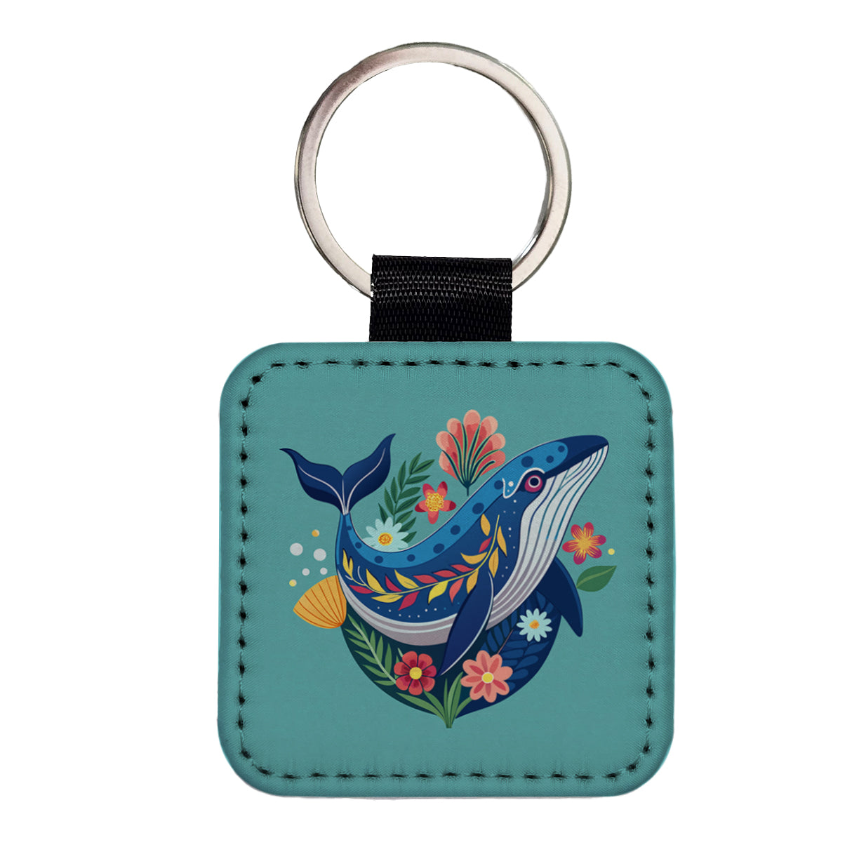 Whale Floral Flowers Square Faux Leather Keychain