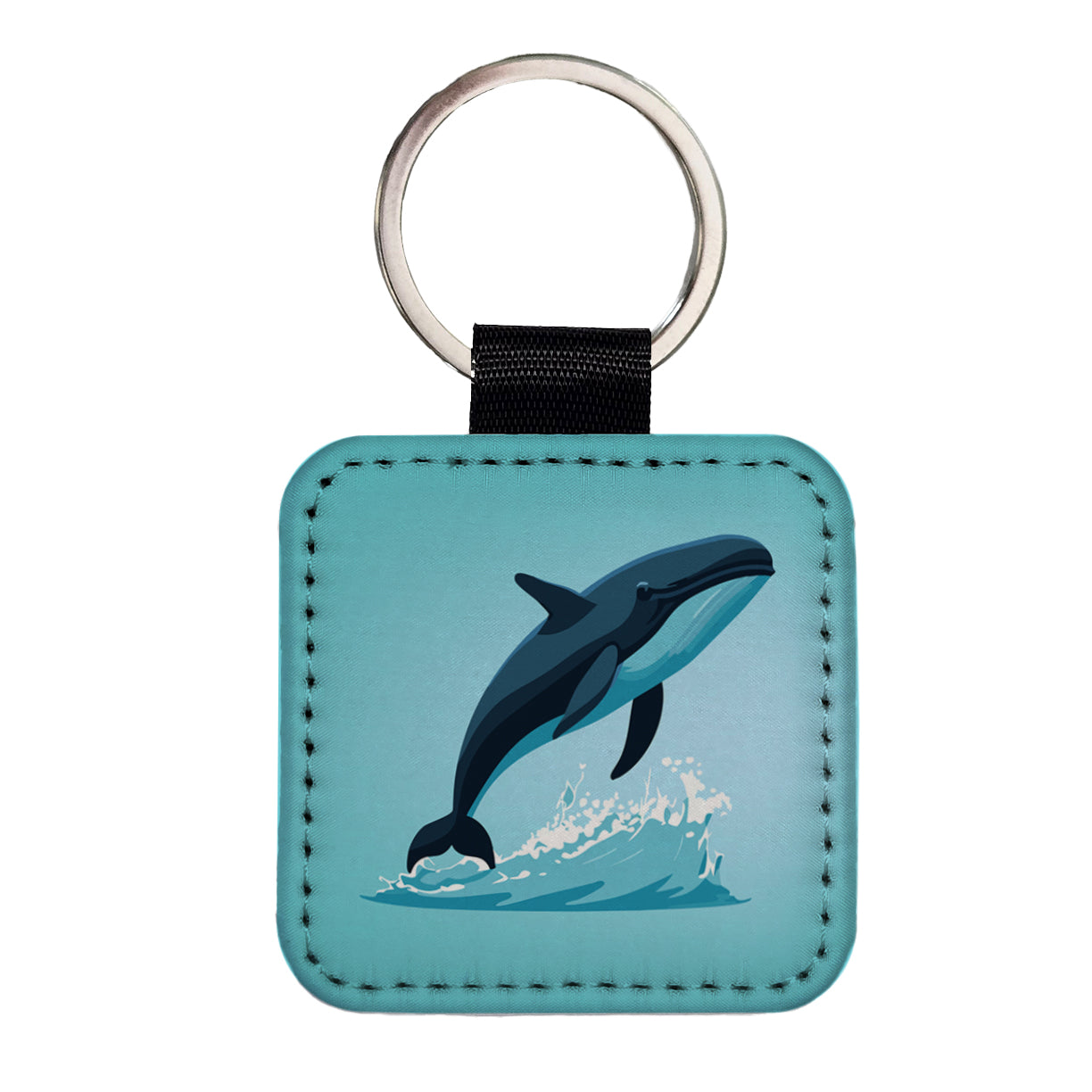 Whale Jumping Out of Water Square Faux Leather Keychain
