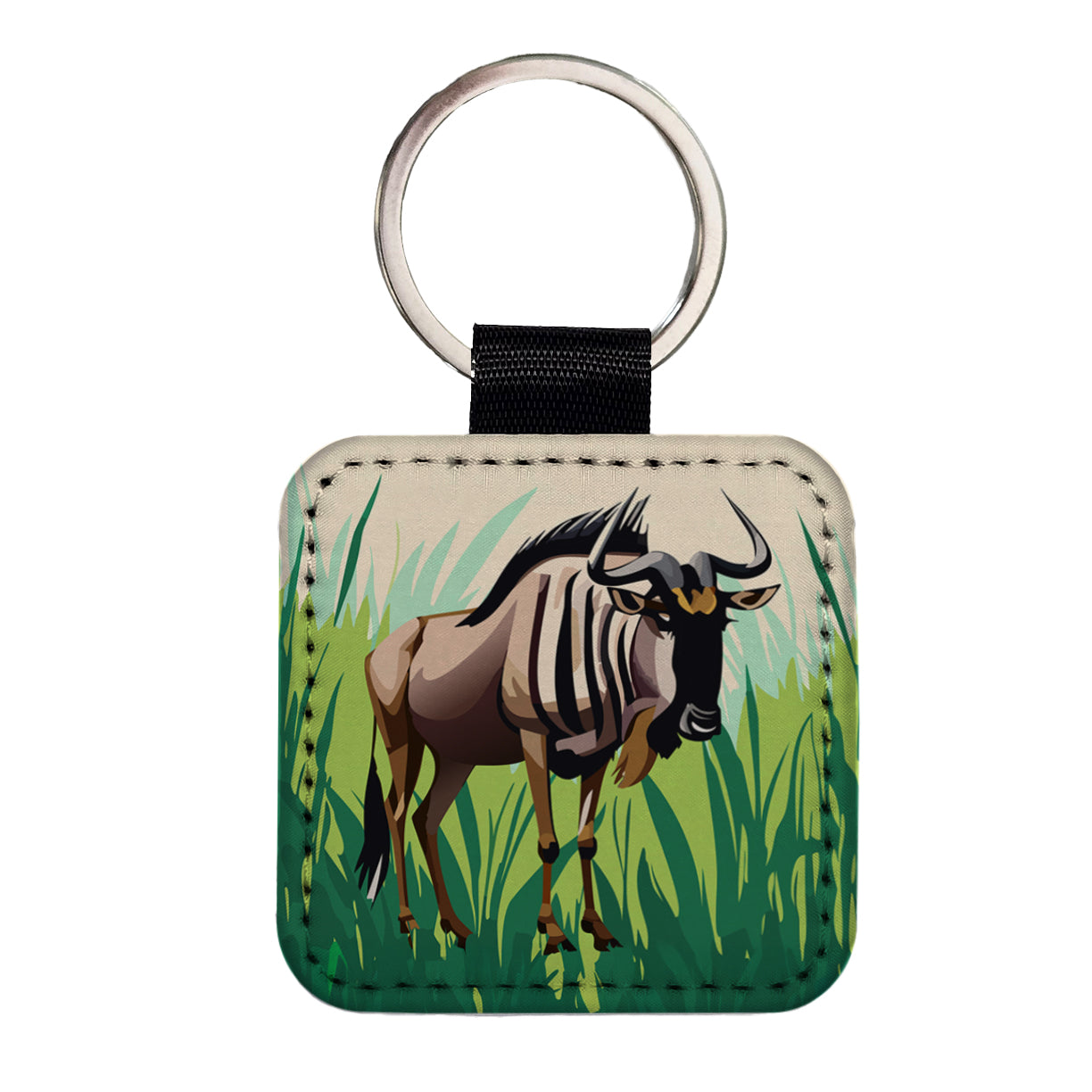 Wildebeest Africa Animal Square Faux Leather Keychain