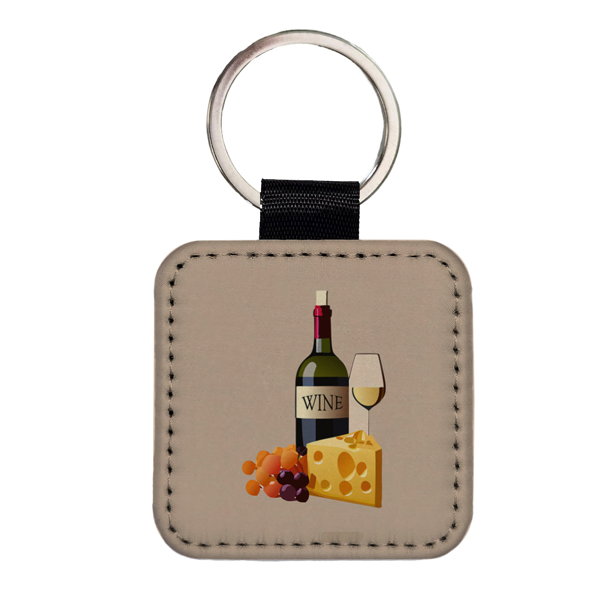 Wine Cheese Grapes Square Faux Leather Keychain