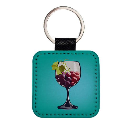 Wine Glass with Grapes Square Faux Leather Keychain
