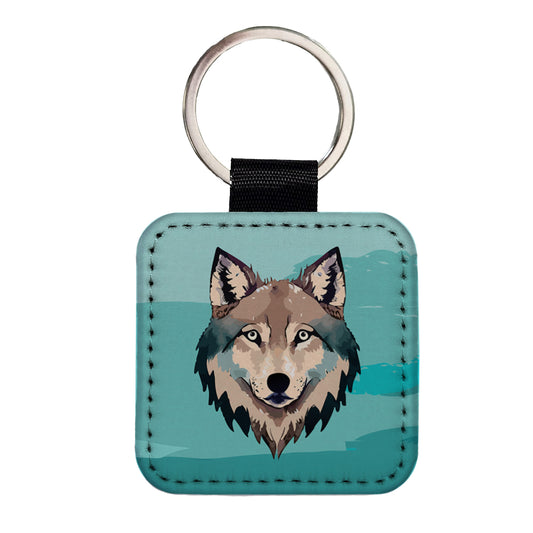 Wolf Face Watercolor Square Faux Leather Keychain