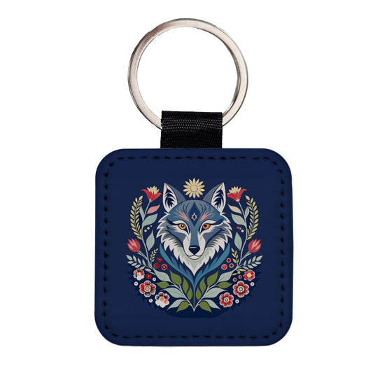 Wolf Floral Flowers Square Faux Leather Keychain