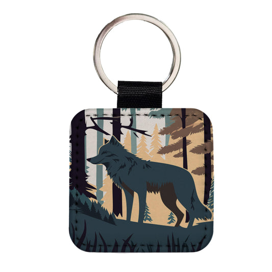 Wolf Gray in Forest Square Faux Leather Keychain