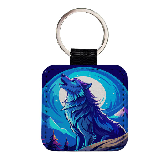 Wolf Howling at Blue Moon Square Faux Leather Keychain