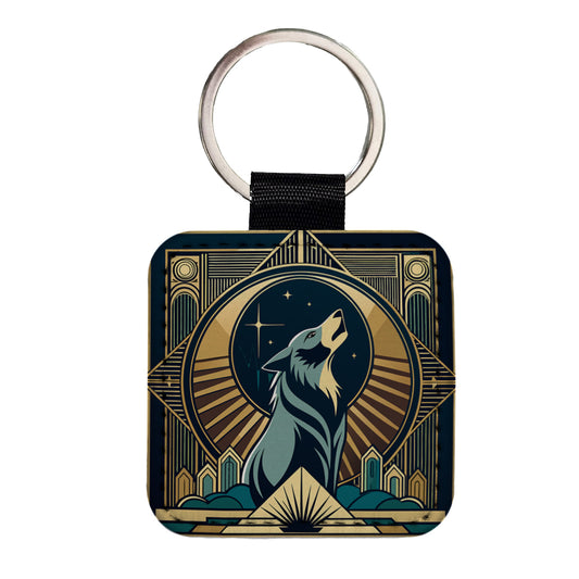 Wolf Howling at Moon Art Deco Square Faux Leather Keychain
