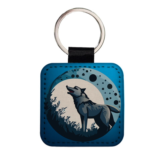 Wolf Howling Night Moon Square Faux Leather Keychain