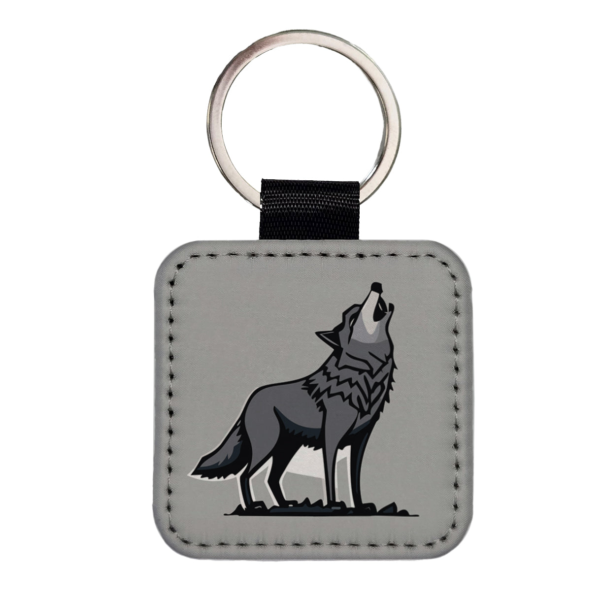 Wolf Howling Square Faux Leather Keychain