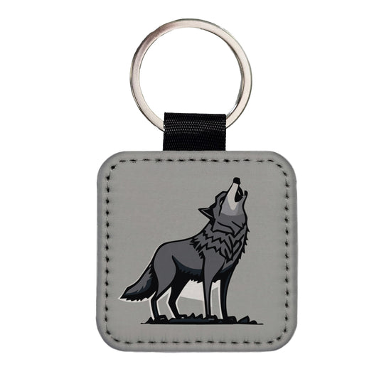 Wolf Howling Square Faux Leather Keychain