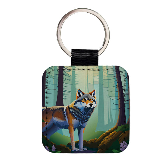Wolf in Forest Woodland Wilderness Square Faux Leather Keychain