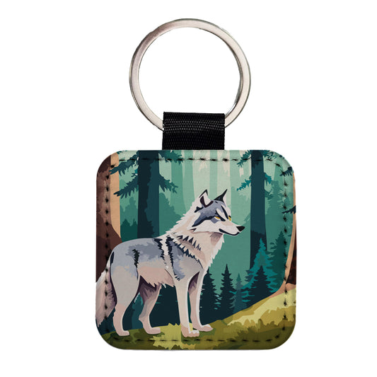 Wolf Standing Watercolor Square Faux Leather Keychain