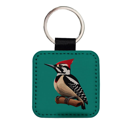 Woodpecker Bird on Branch Square Faux Leather Keychain