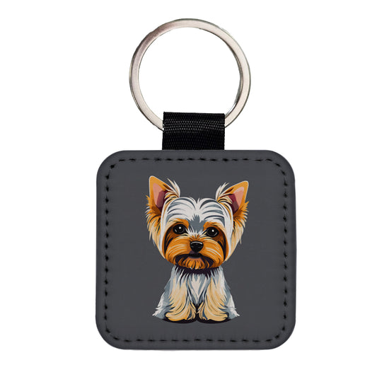 Yorkshire Terrier Dog Sitting Square Faux Leather Keychain