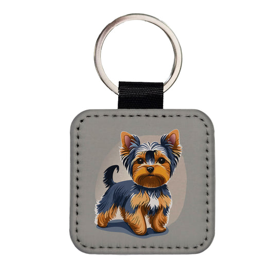 Yorkshire Terrier Dog Standing Square Faux Leather Keychain