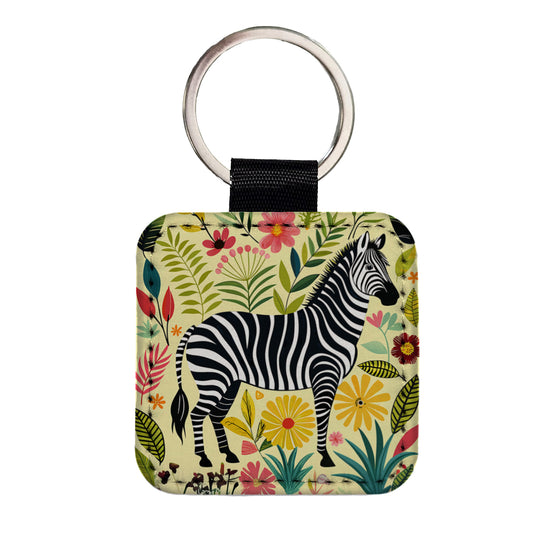 Zebra Floral Flowers Motif Square Faux Leather Keychain
