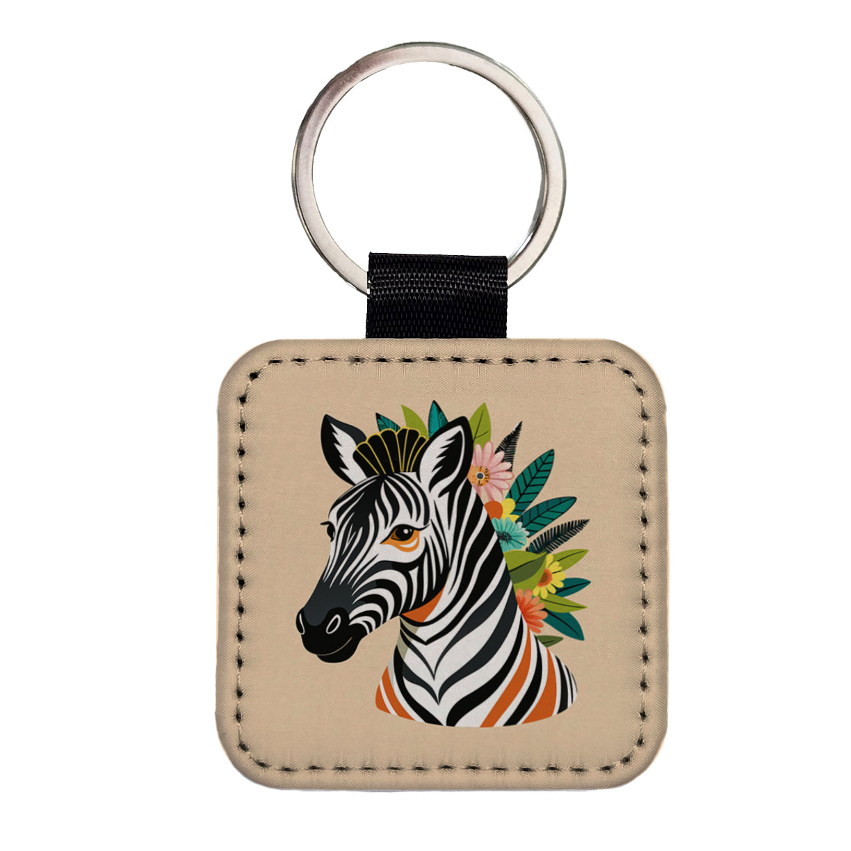 Zebra Head Floral Flowers Square Faux Leather Keychain