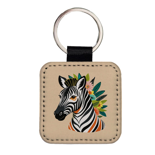Zebra Head Floral Flowers Square Faux Leather Keychain