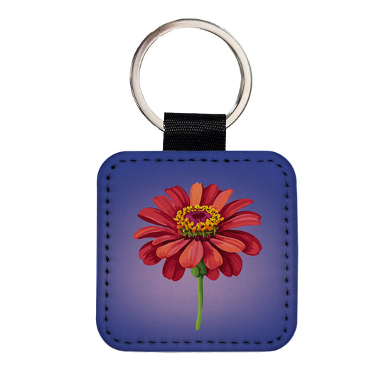 Zinnia Flower Red Watercolor Square Faux Leather Keychain